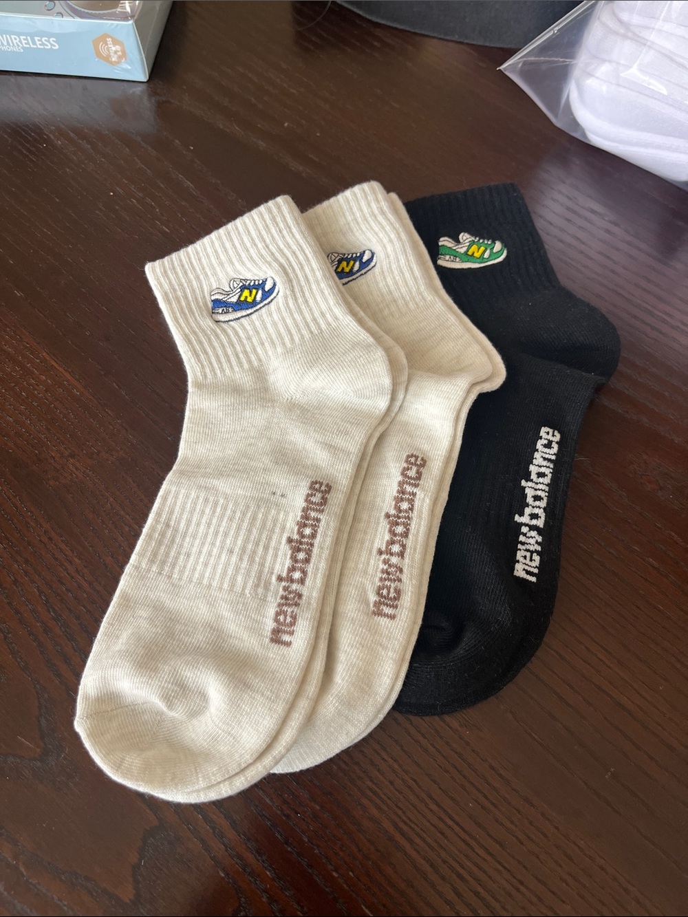 NWOT New Balance Crew Socks Trio in Black and Cream with Logo Embroidery